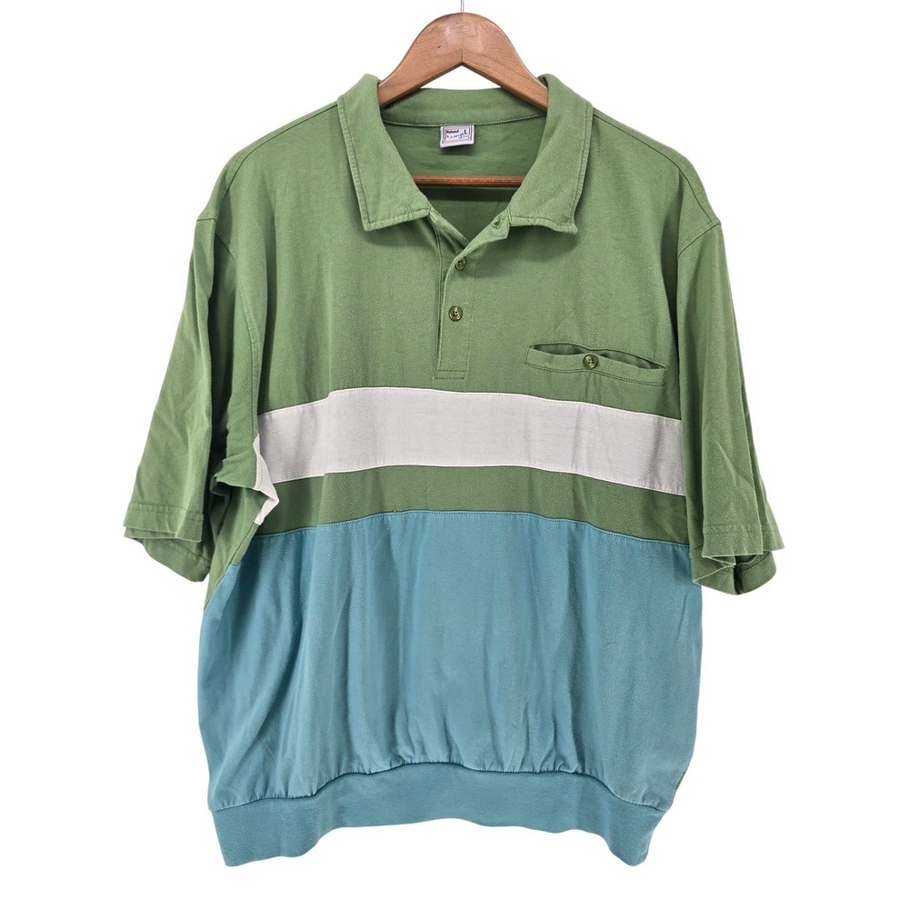 Haband Casual Joe Polo Shirt Mens XL Green Colorblock Banded Bottom Vintage 90s